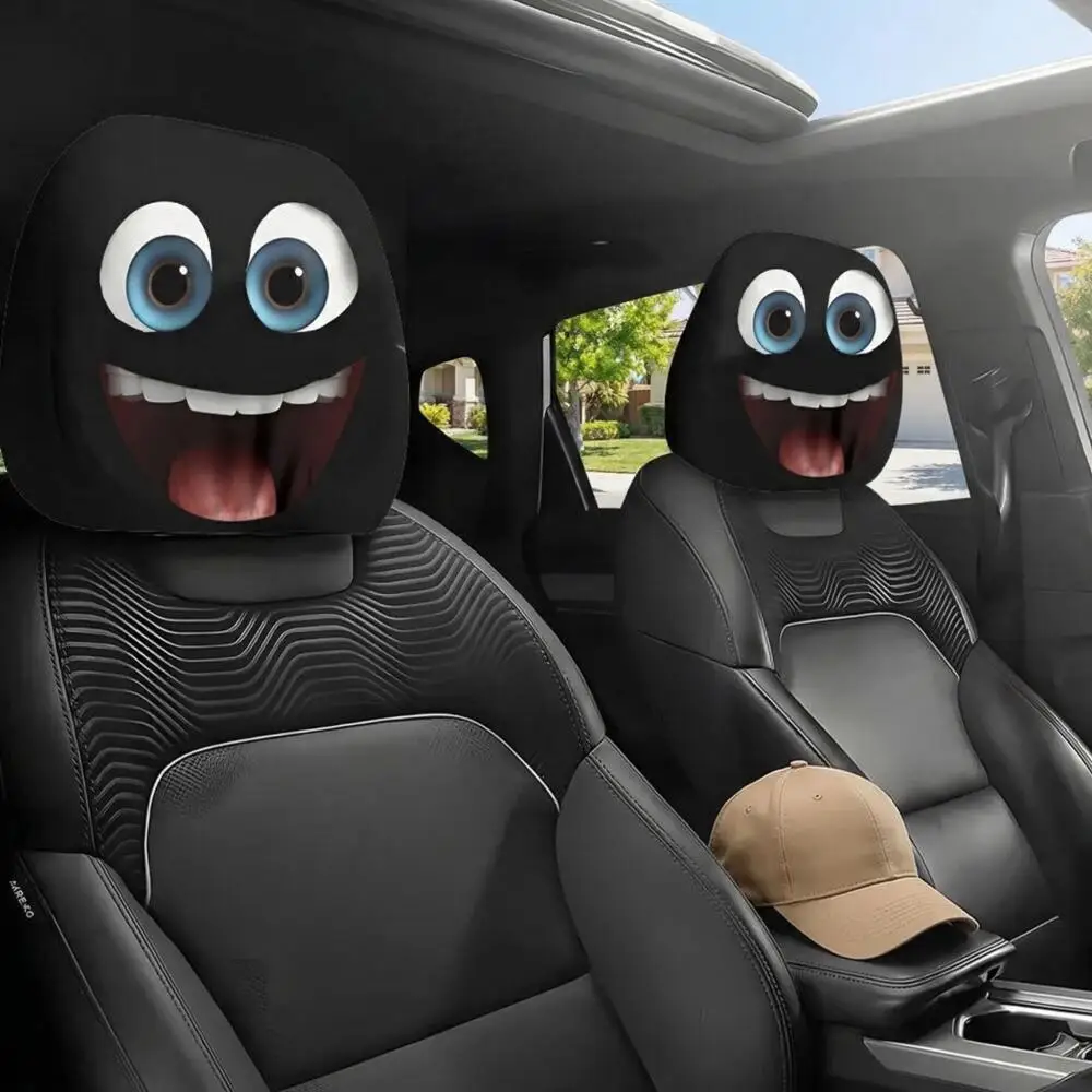 2PCS funny cartoon car headrest covers with big eyes and open mouth, universal elastic auto seat head rest protector