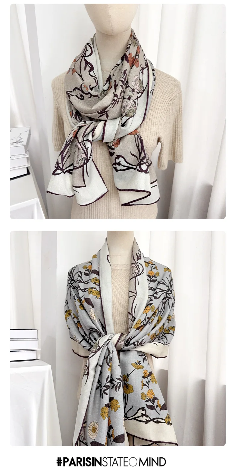 autumn and winter silk wool long scarf silk wool scarf large shawl warm dual-purpose double-sided printing