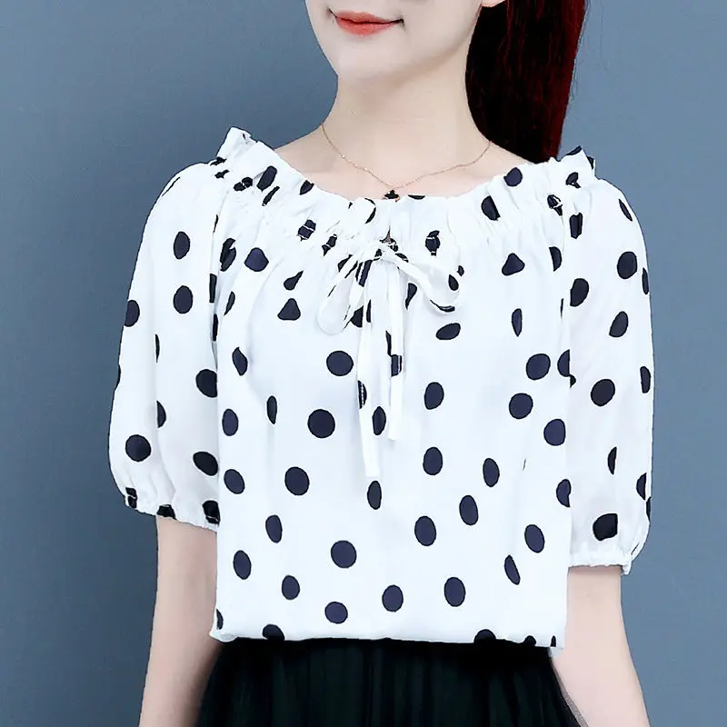 Stylish Loose Shirring Lace Up Bow Polka Dot Blouse Women\'s Clothing 2023 Summer New Casual Pullovers Sweet Puff Sleeve Shirt