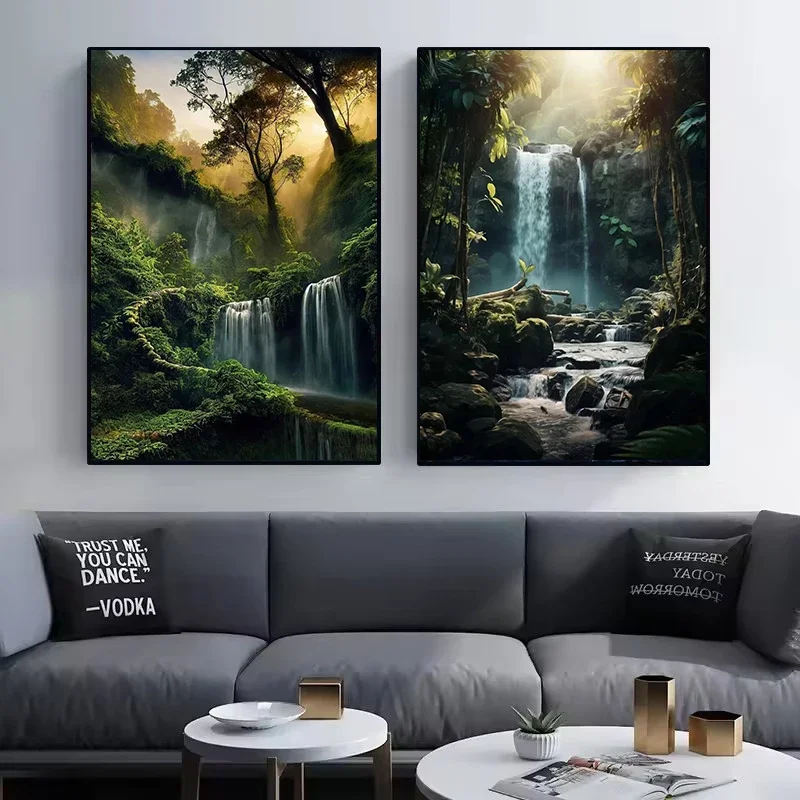 Natural Landscape Spectacular Waterfall Canvas Painting Green Tree Forest Posters Wall Art Prints Picture Home Decor Painting