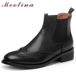 Meotina Women Natural Genuine Leather Ankle Chelsea Boots Round Toe Thick Mid Heel Short Boot Brogue Shoes Ladies Winter Autumn