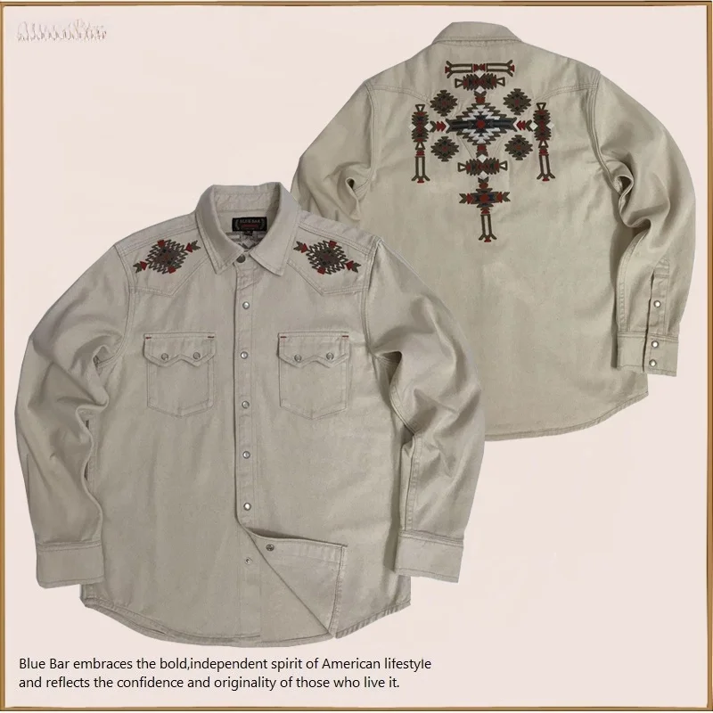 アメリカンスタイル ナバホ刺繍 コットンシードハル デニムシャツ RRL同等 スタンダードフィット 長袖 ボタンアップ メンズ＆レディース