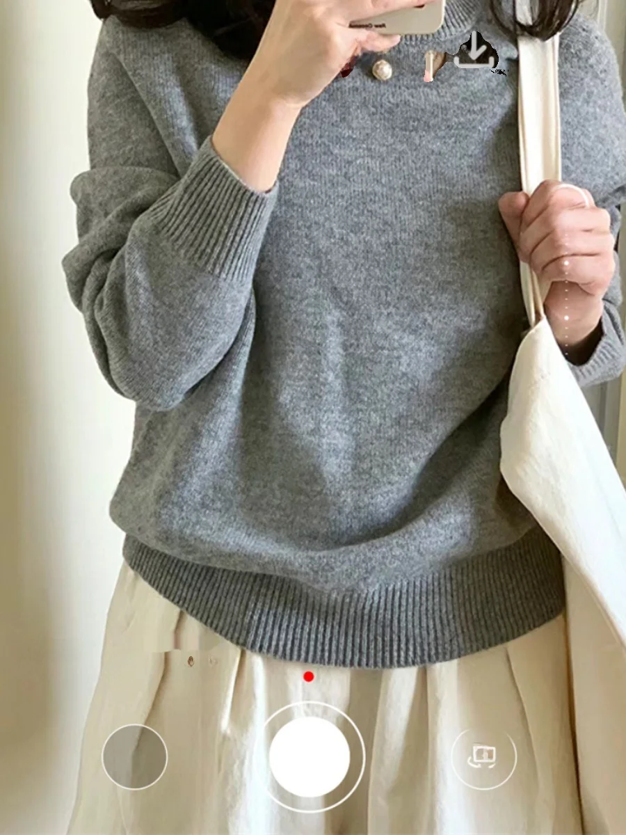 

Soft Knitted Sweater Basic round Ne Open Slit Layered Hem Commute Sle Long Sve Regular Thin Pure Color