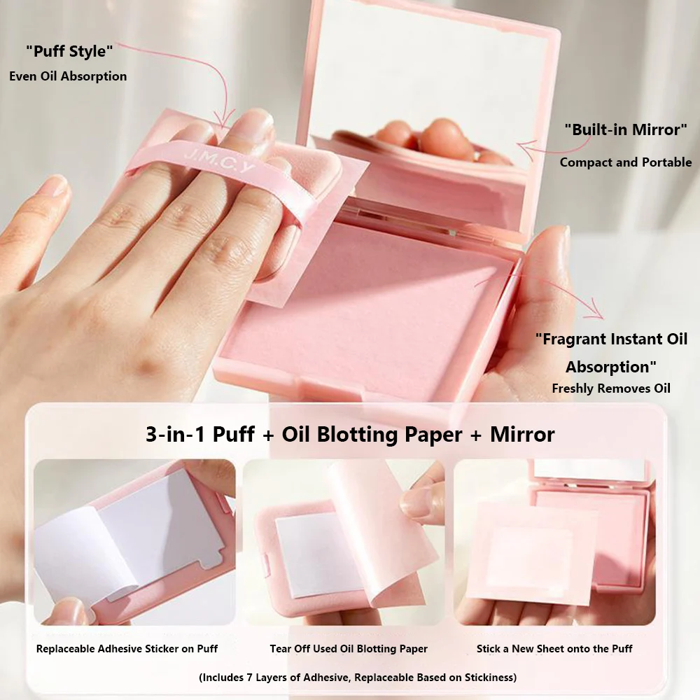 With Puff Oil Control Blotting Paper With Mirror Compact Face Shine Remover Lightweight 3-in-1 Blotting Paper for Daily Use