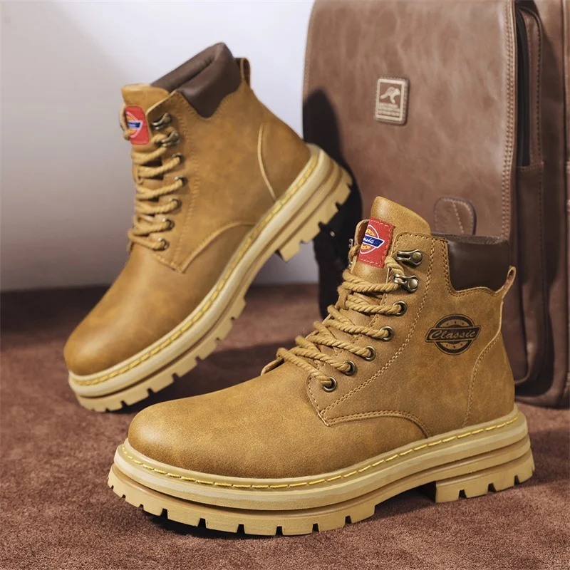 

2025 New Men's Big Yellow Boots Durable Anti - Skid Sole High - Top Chunky Sole Winter Fleece Lined British Work Boots Motorcycl