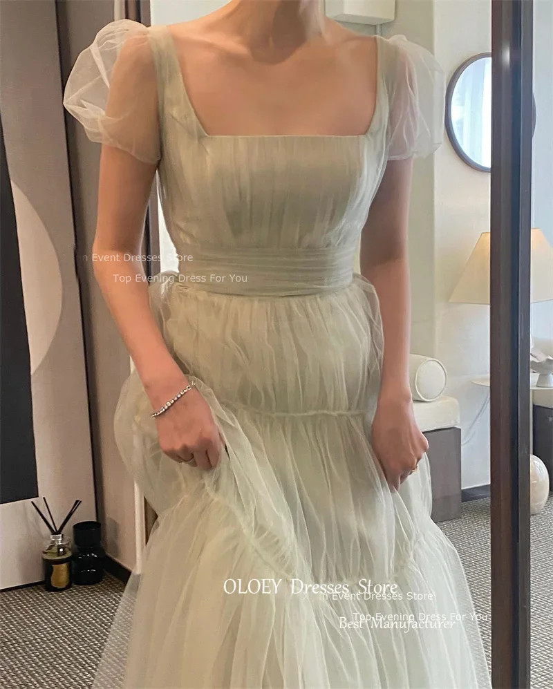 OLOEY Fairy Tulle A-Line Korean Wedding Dresses Photo shoot Puff Short Sleeves Prom Dresses Floor Length Bridal Party Dresses