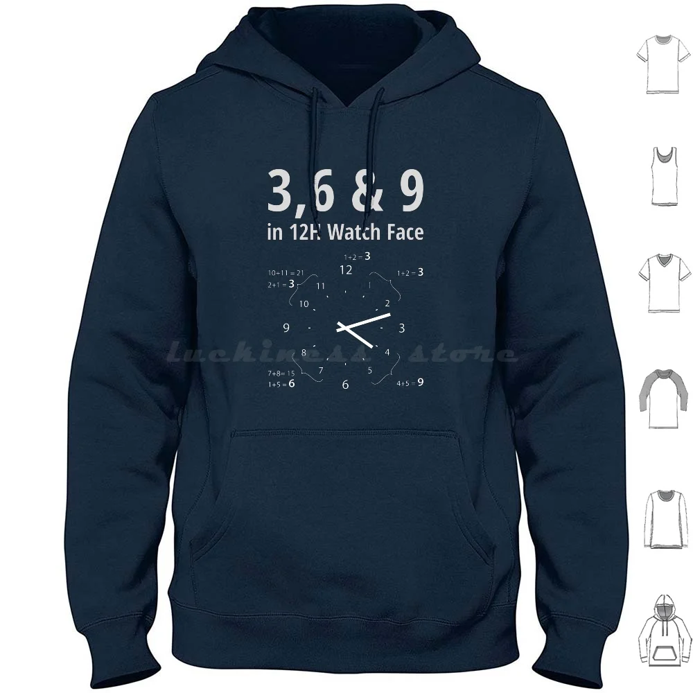 3 , 6 & 9 In 12h Watch Face Hoodies Long Sleeve 369 Key 369 Numbers Tesla Key Vortex Math Magic Numbers 369 Magic