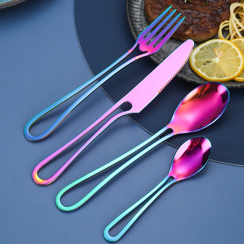 4Pcs Portable Cutlery Set Stainless Steel Knife Fork Spoon Hollow Handle Tableware Set Camping Travel Flatware for Restaurant
