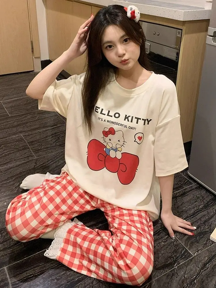 

Sanrio Cheap Nightwear Hello Kitty Pajamas Y2K Short Sleeve Pants Sleepwear Cute Pijama Cartoon Pyjama Lady Home Clothes 2 Piece