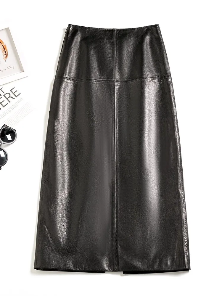 Elegante Büro Damen Schaffell Echtes Leder Langen Rock Hohe Taille Einfarbig Zurück Split Mode Frauen A-linie Röcke S-4XL