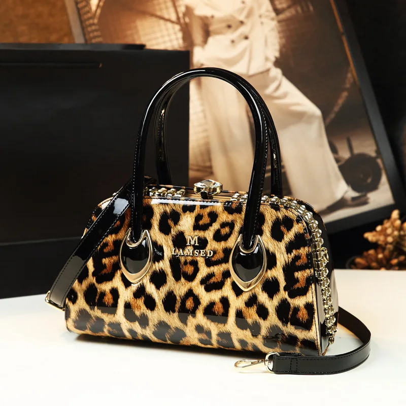 

Leopard Boston Messenger Bags For Women Leather Handbags High Quality Patent Clutch Tote Top Handle