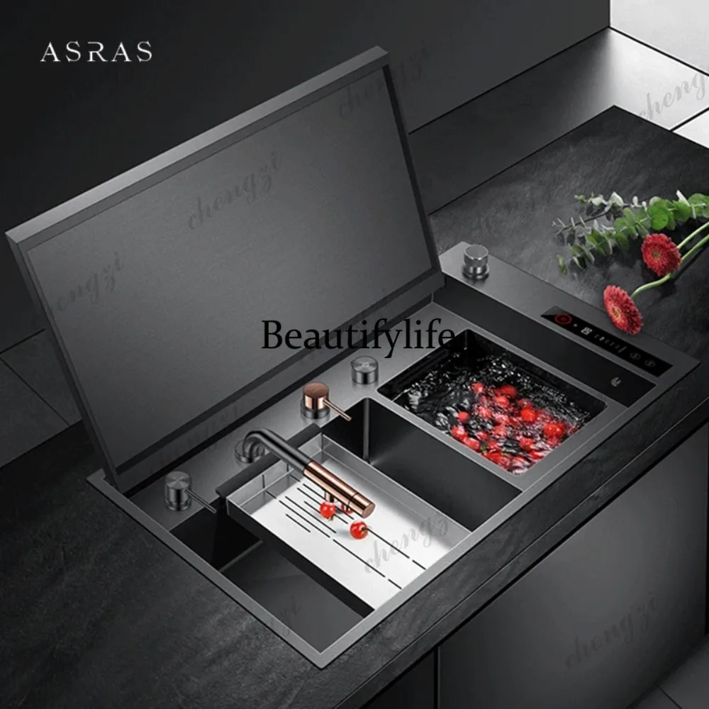 ASRAS Hidden Double Sinks Smart Purifying Kitchen Island Sinks Flip Cover Hidden 4mm Thickness Handmade kitchen Sinks