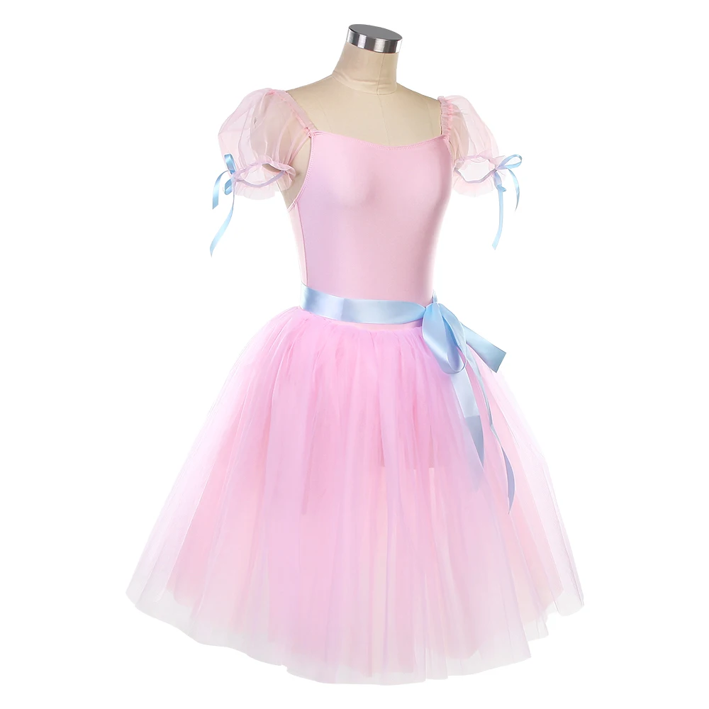 

20174 Длинная балетная пачка с пышными рукавами для выступлений на сцене, балетный костюм, длинная балетная пачка с ленточным поясом, поясная пачка