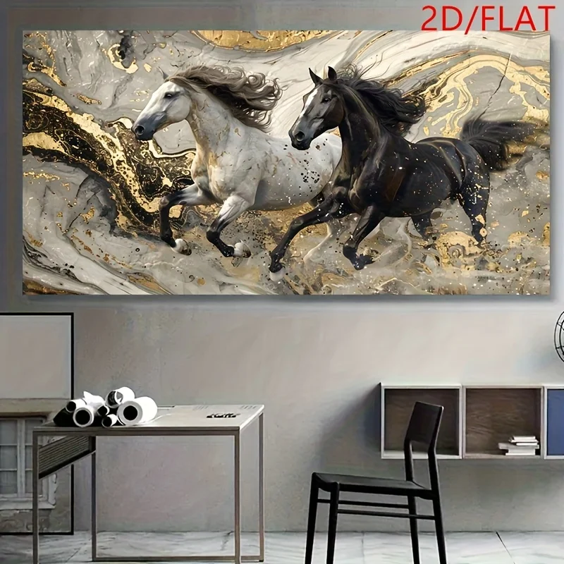 

Modern Abstract Horse Painting Black, White, Gray, Golden Accent Wall Art Poster Dynamic Galloping Horse Canvas Print Home Decor