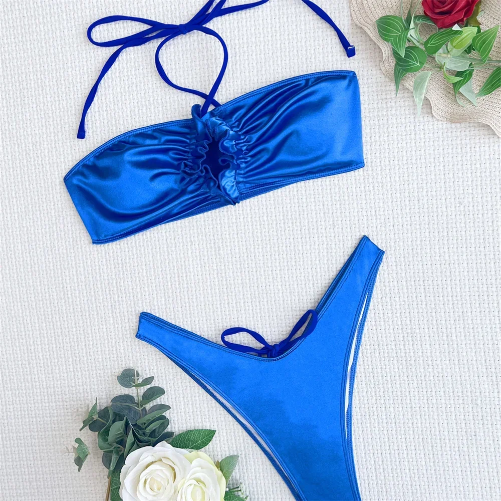 Bikini fruncido azul satinado con microcordón, traje de baño Bandeau plisado, Tanga, traje de baño con realce, trajes de baño sexis calados para playa para mujer