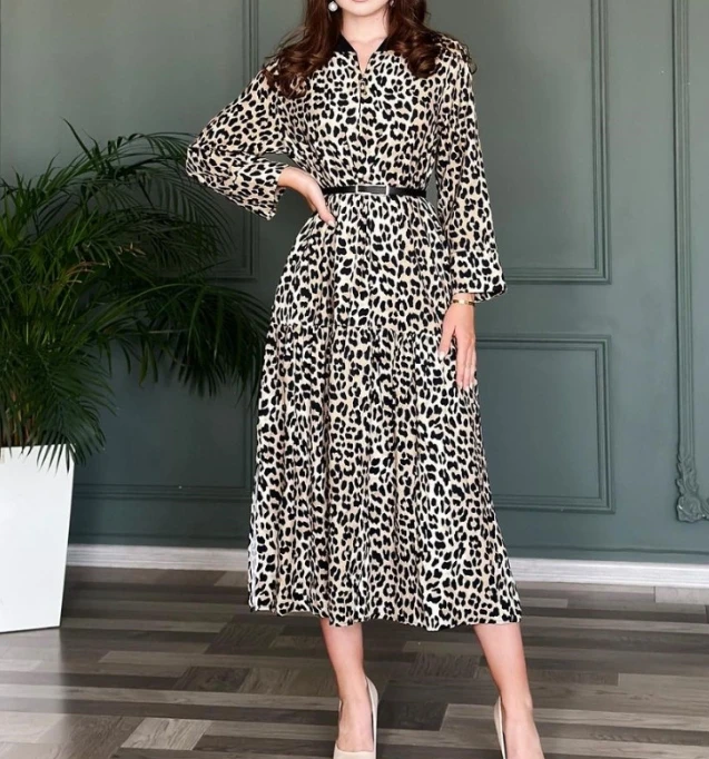 

Women's Lace Up Dress 2023 New Autumn Fashion Waist Leopard Print Long Sleeved A-Line Skirt Daily Elastic Waist Elegant Dress