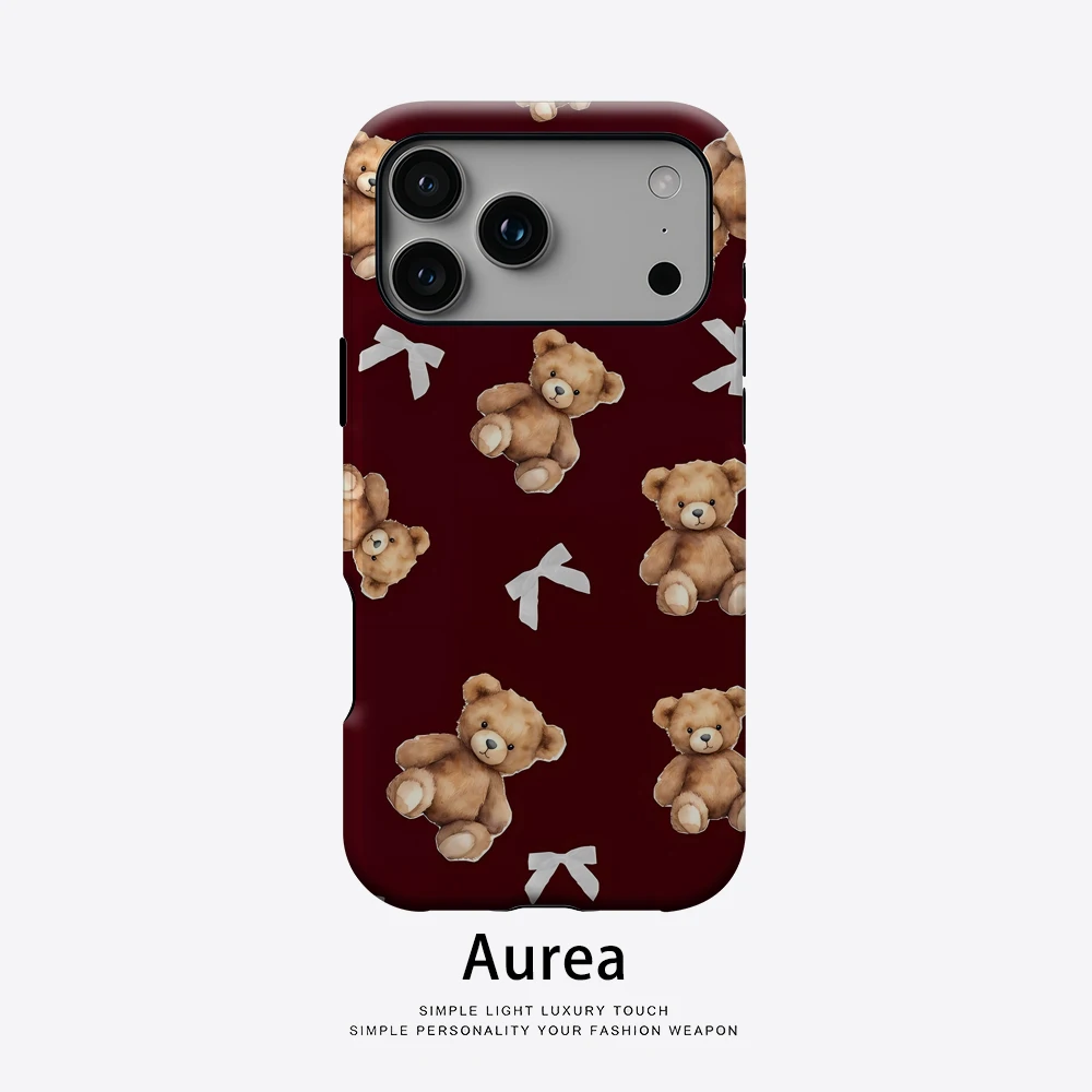 Burgunderroter Bär, weiße Schleifen, Handyhülle für magnetische Handyhülle für iPhone 17 16 15 14 Pro Max Plus, einzelne doppelschichtige robuste Hülle
