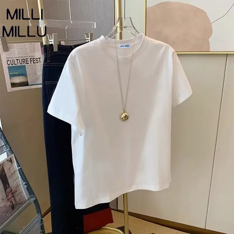 

Summer Clothing Men and Women Short Sleeved T-shirt White Pure Cotton Loose and Casual Monochromatic Inner Round Neck Top
