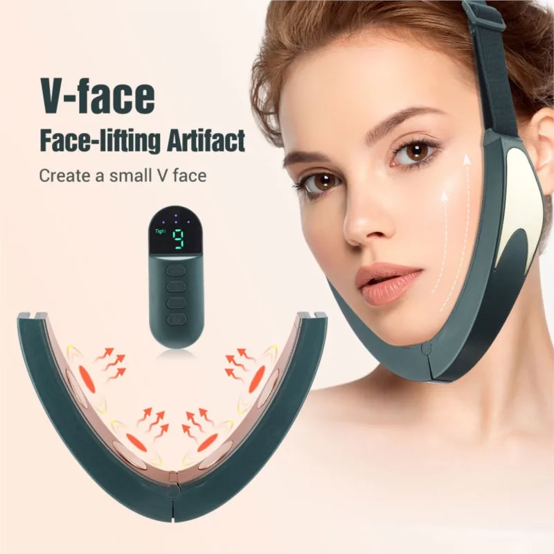 Hot compress wireless remote control slimming EMS micro current facial lifting device dual chin V-shaped lifting strap