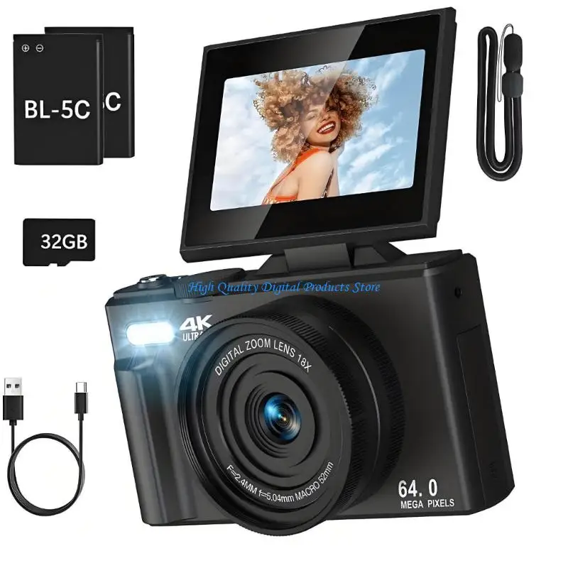 U2JE 디지털 카메라 4K 해상도 3인치 회전 디스플레이 내장 플래시 자동 초점 동영상 블로깅 도구