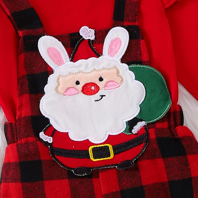 Toddler Girl Christmas Outfit Cute Long Sleeve Romper with Plaid Santa Claus Overall Pants and Matching Headband Festive