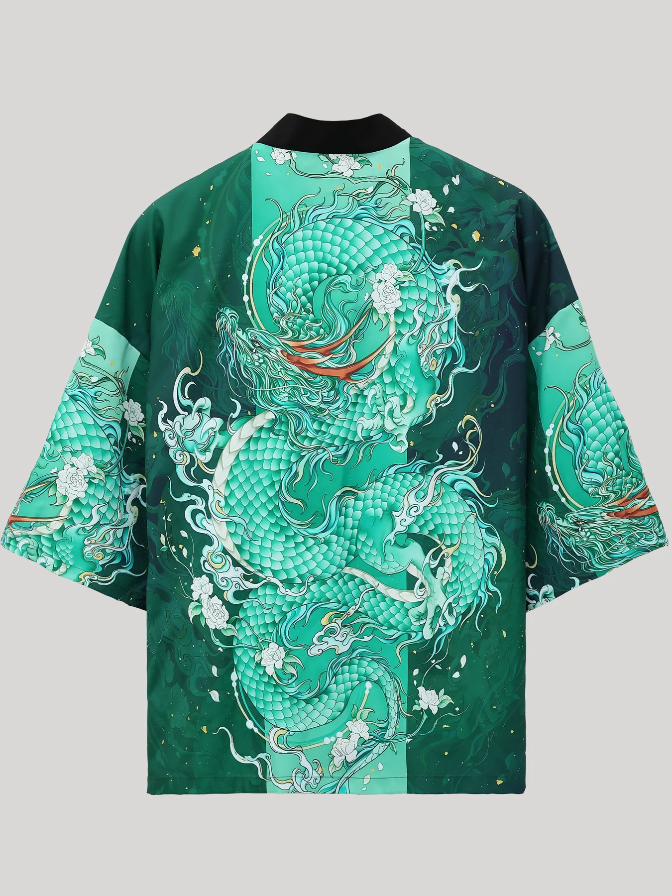 Men's Green Dragon Print Seven-Quarter Sleeve Kimono Cardigan Spring Fall Chinese Style Loose Robe