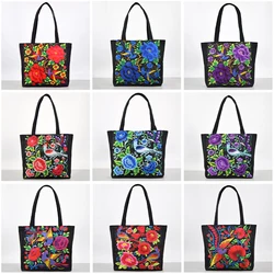 New Ethnic Style Women's Tote Bag Embroidered Flowers Ladies Canvas Shoulder Bag Casual Large Capacity Girls Handbag 2024