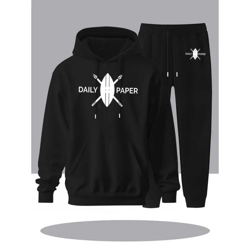 هودي رجالي بأسلوب الشارع الكاجوال مع شعار إنجليزي، مجموعة رياضية مريحة وكاجوال لفصلي الخريف والشتاء مع قلنسوة برباط #5