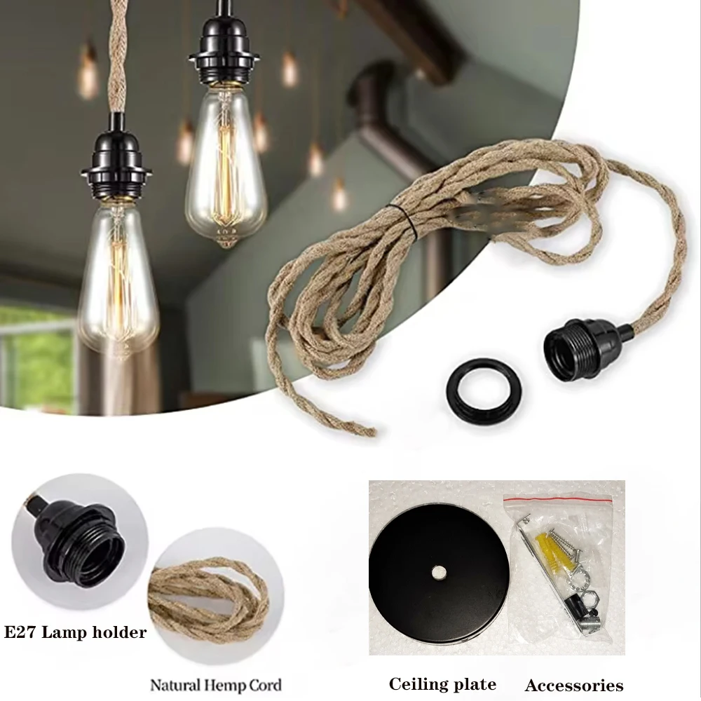 Jute RopePendant Lamp Ceiling Lighting Fitting E27 Lamp Holder Hanging Kits with Hemp Rope Braided Cable Bulb Holder Lamp Socket