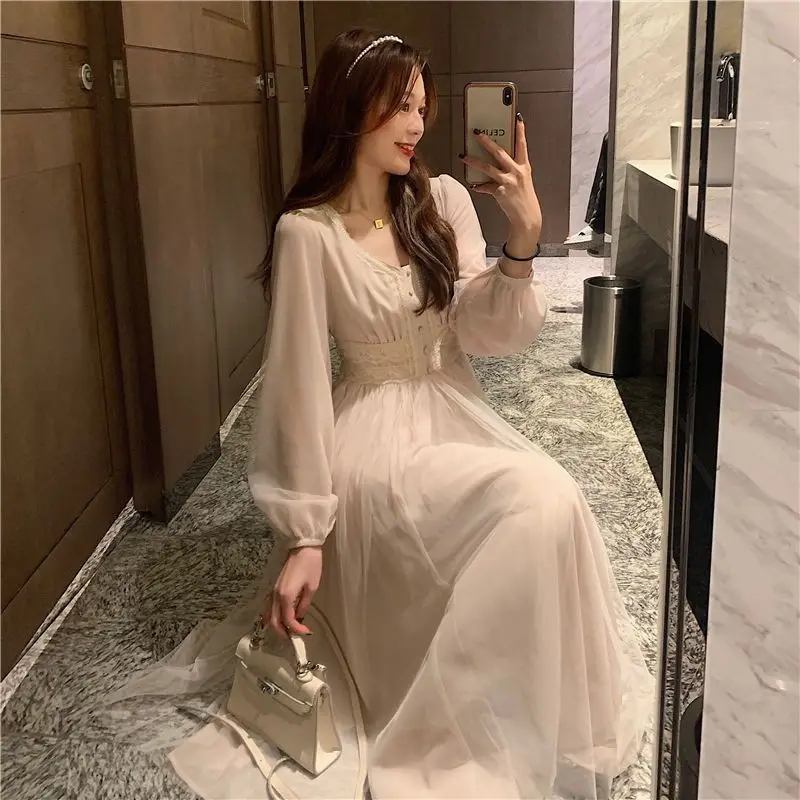 Korean Early Spring Autumn New Retro Super Immortal Knee Over Waist Slim Elegant Pretty Mesh Dresses For Women Designer 2023