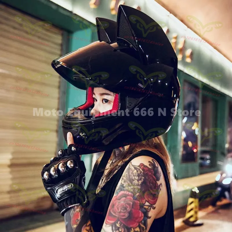HNJ Motorcycle Helmets Moto Cat Ears Helmet DOT Approved Full Face