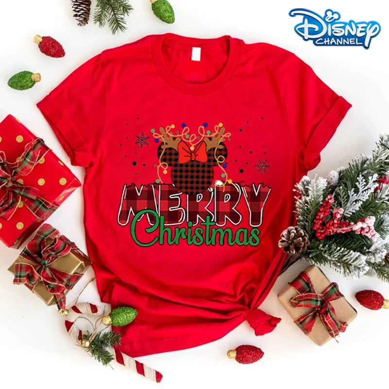 Disney Mickey Minnie Mouse Adult T-shirt Christmas Short Sleeve Shirts Fashion Cotton Xmas Round Neck Clothes Cute Shirts Gifts