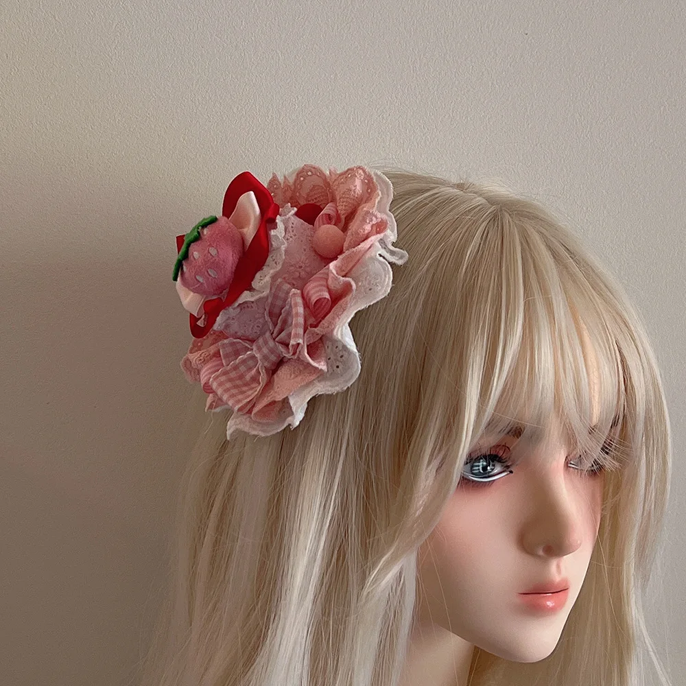 

Exquisite Strawberry Cake Hat Cute Bow Lace Hair Clip Lolita Small Party Hat Lolita Girl Dress up Birthday Hat Accessories Headw