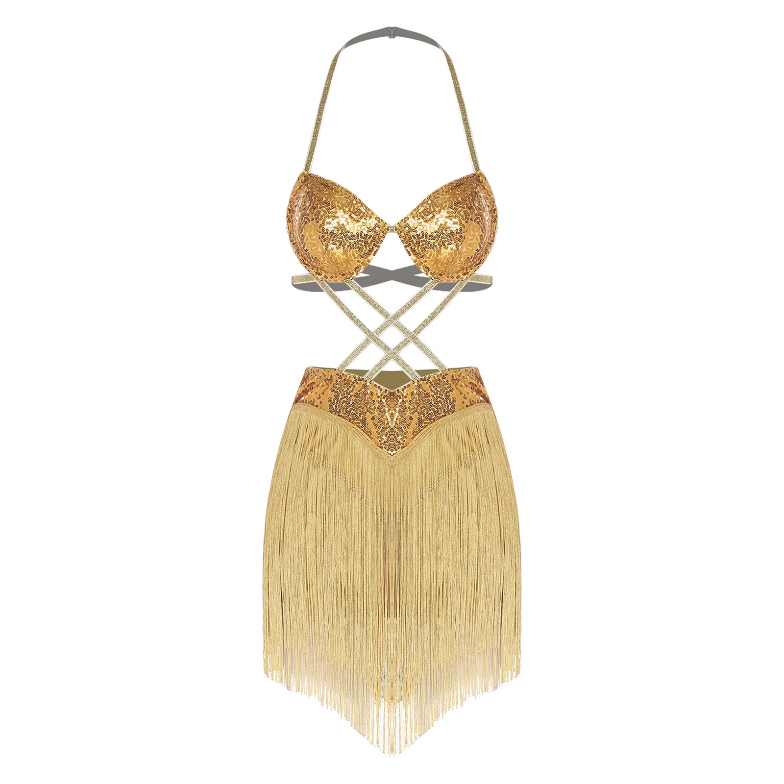 Vestido de baile con lentejuelas y borlas para mujer, sujetador push-up con cuello Halter y espalda descubierta para vientre, Tango latino cha-cha Samba, vestido de baile de salón