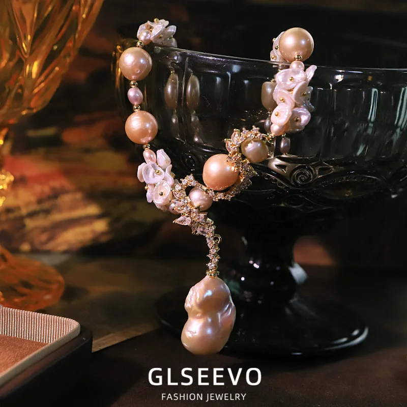 Baroque Pearl Snake-Shaped Floral Vine Necklace With Cubic Zirconia, 18K Gold-Plated Color Retention