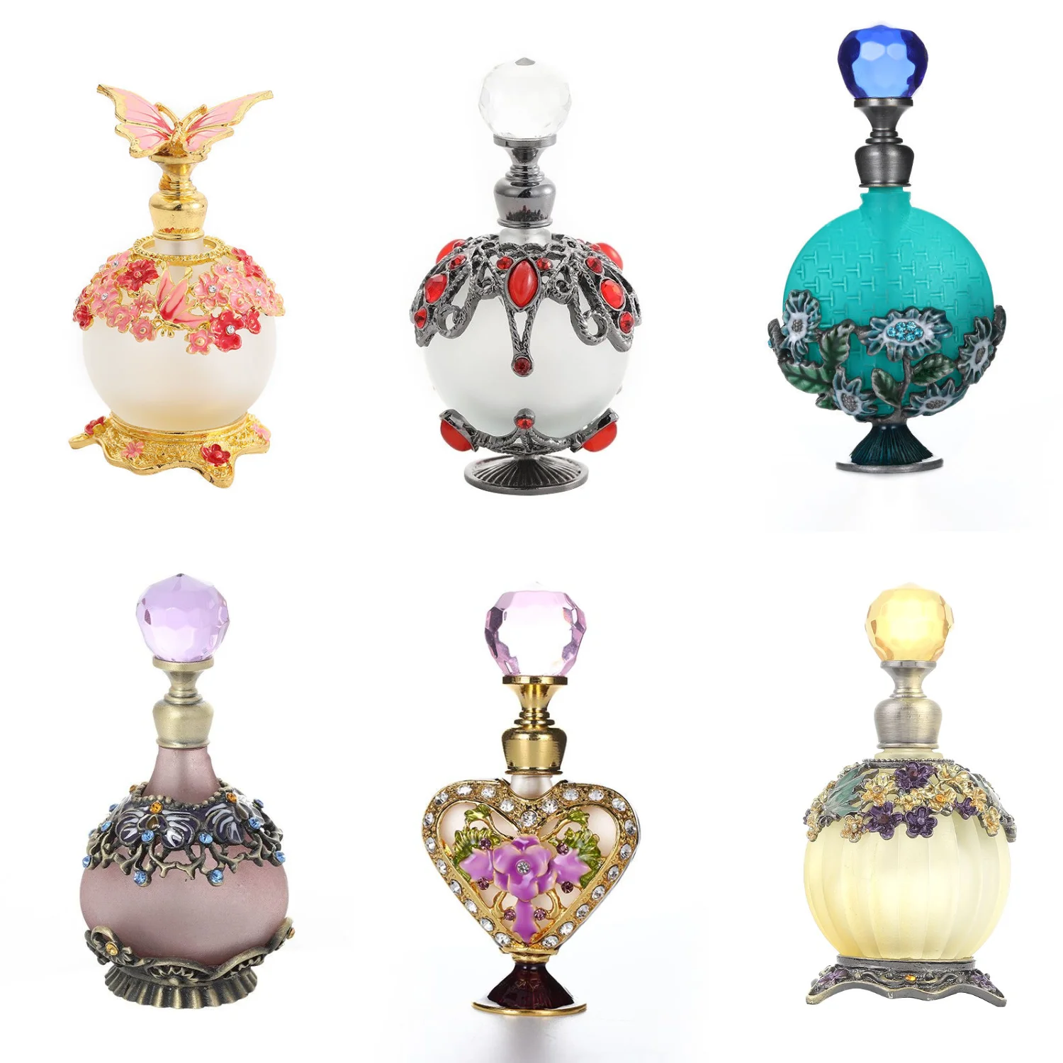 

Empty Glass Flat Bottle Vintage Flower Bird Pattern Vase Gilt Base Crystal Cap Perfume Essential Oil Decor Bathroom/SPA/Tearoom