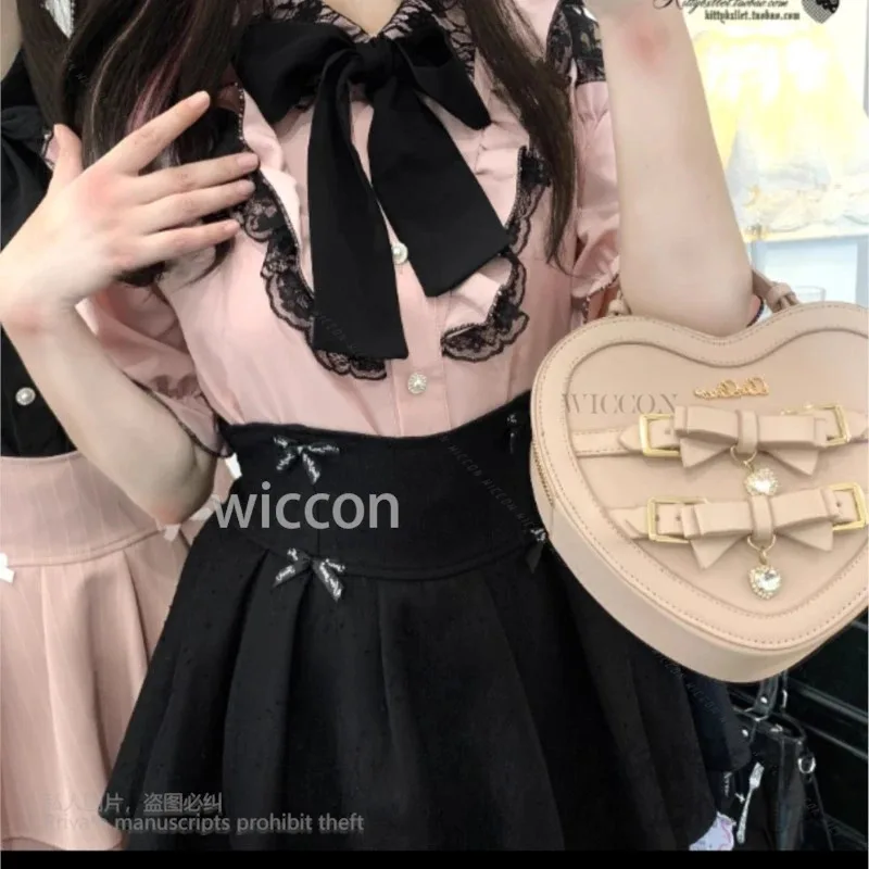 Y2K Jirai Kei Mine النمط الياباني Kawaii ملابس الدانتيل لوليتا فستان موضة قصيرة الأكمام القوس قميص النساء الفتيات حفلة مخصصة