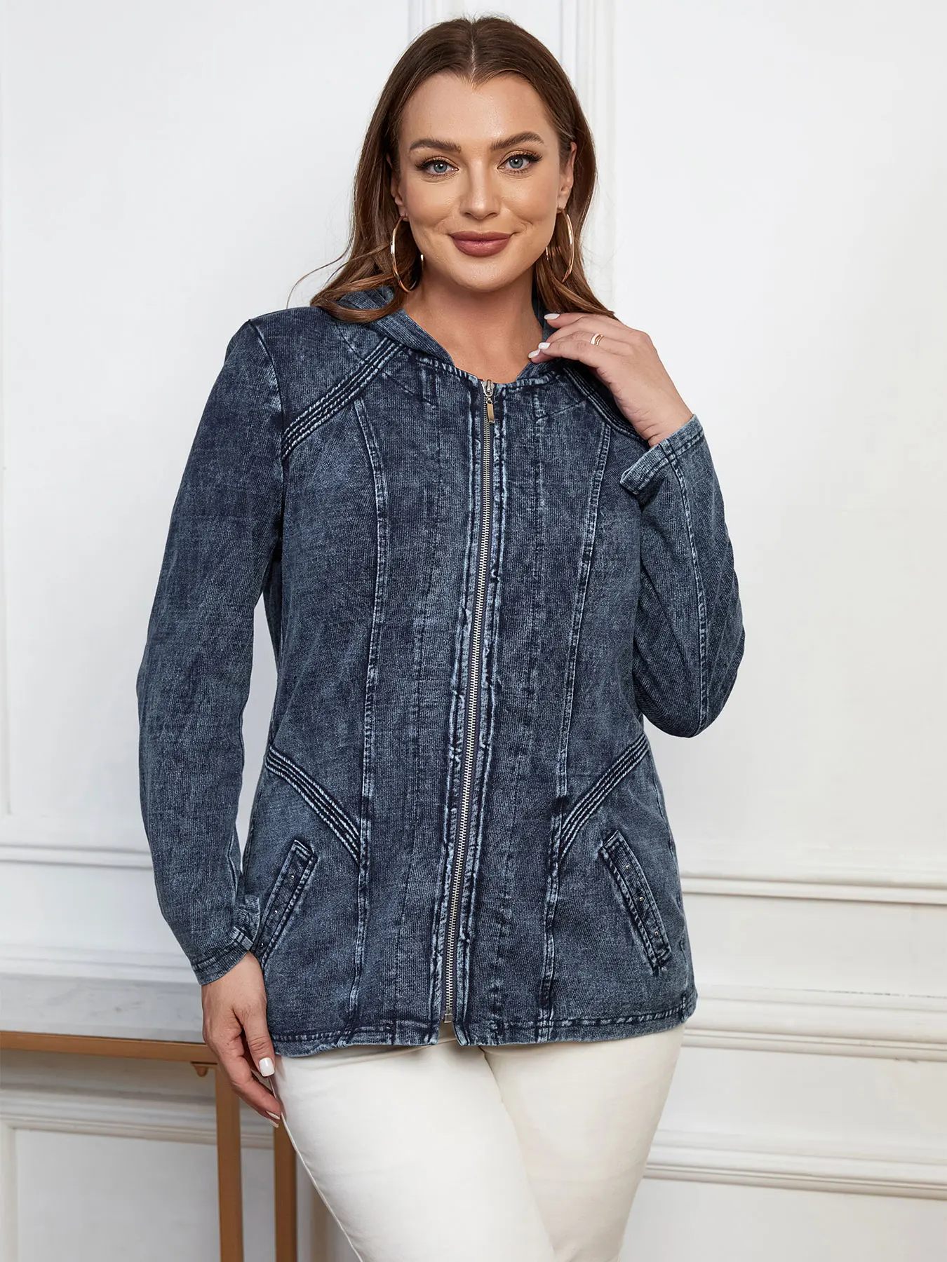 LIH HUA-Veste à Capuche en Denim pour Femme, Veste en Coton Tricotée, Manches sulf, Veste Décontractée, Grande Taille, Automne