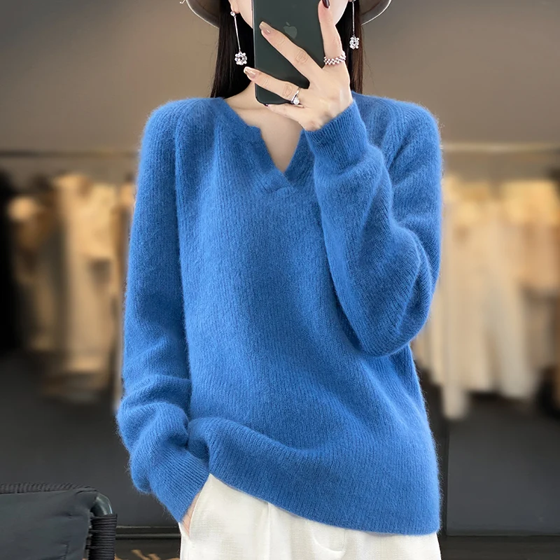 100% Mink Fleece Sweater Women\'s Round Neck Small V-Neck Top Pullover Autumn And Winter New Korean Luxury Fashion Warm Keeping