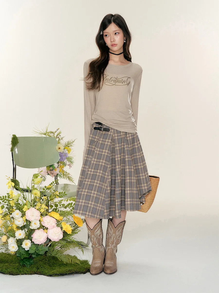 

Юбка-трапеция с высокой талией в клетку, в стиле ретро, модель 6DEWS, длинная юбка-зонтик, из полиэстера, вискозы и спандекса