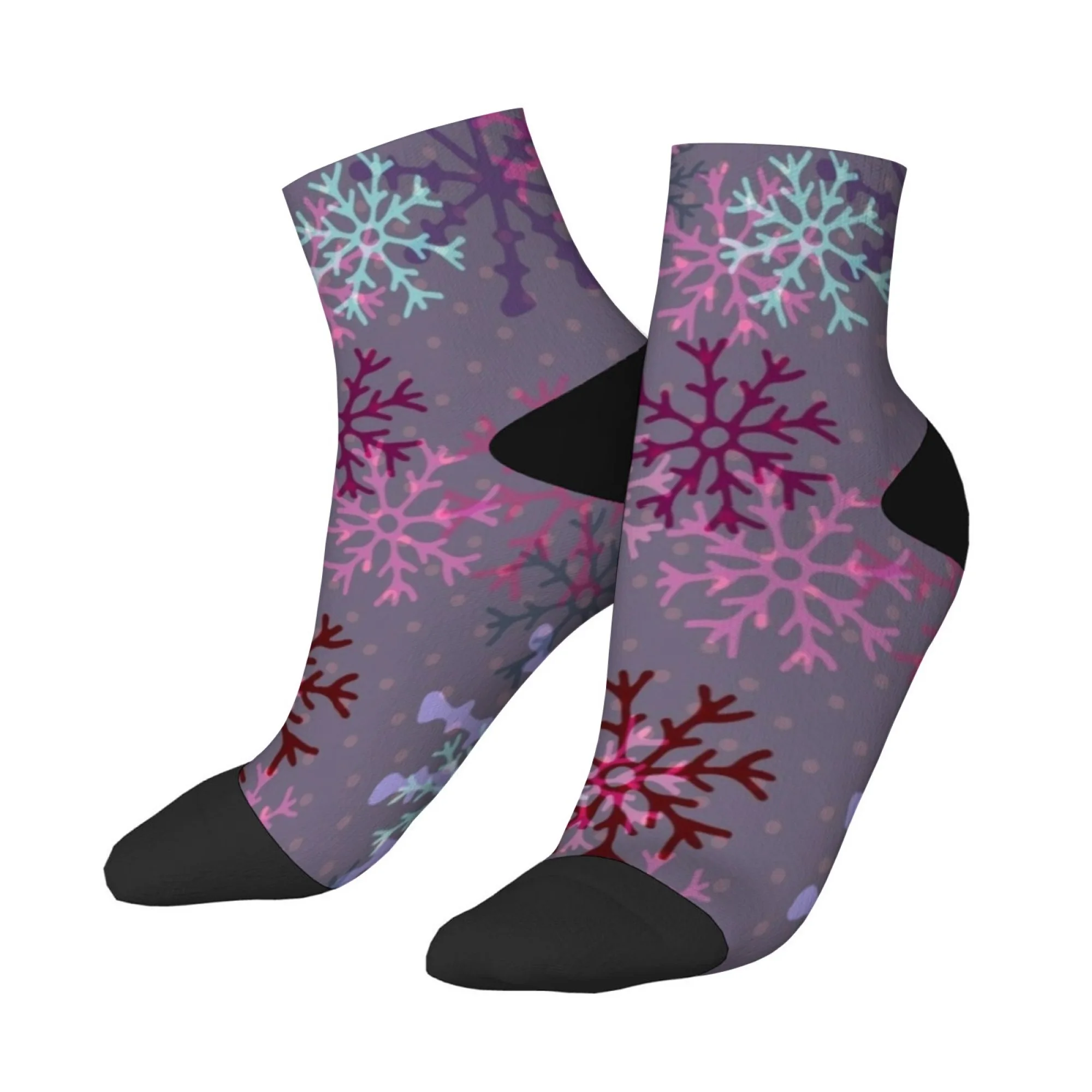 Calzini corti da uomo in stile natalizio con fiocco di neve viola Novità divertenti calzini a compressione pazzi morbidi e comodi hip hop casual