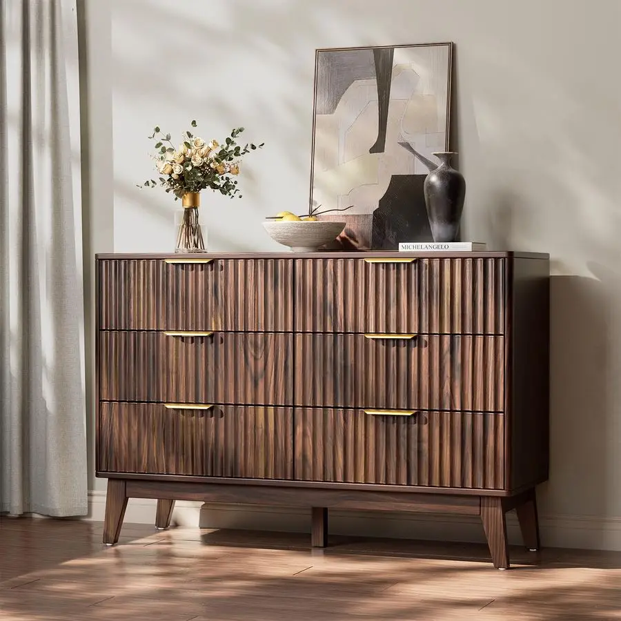 خزانة ذات 6 أدراج، جوز، تصميم مموج مخدد، زوايا مستديرة، حامل تلفزيون خزانة منتصف القرن، 48 خزانة ذات أدراج واسعة لـ Bedro