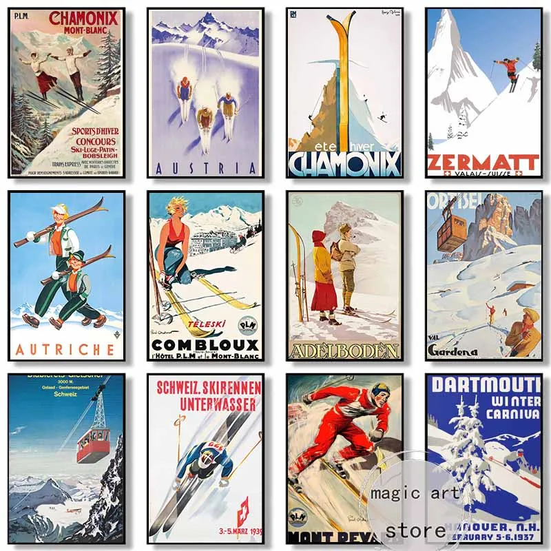 Retro Zermatt Chamonix Skiing Art Poster Vintage Australia France Ski Canvas Painting Wall Art Travel Picture Home Decor Cuadros