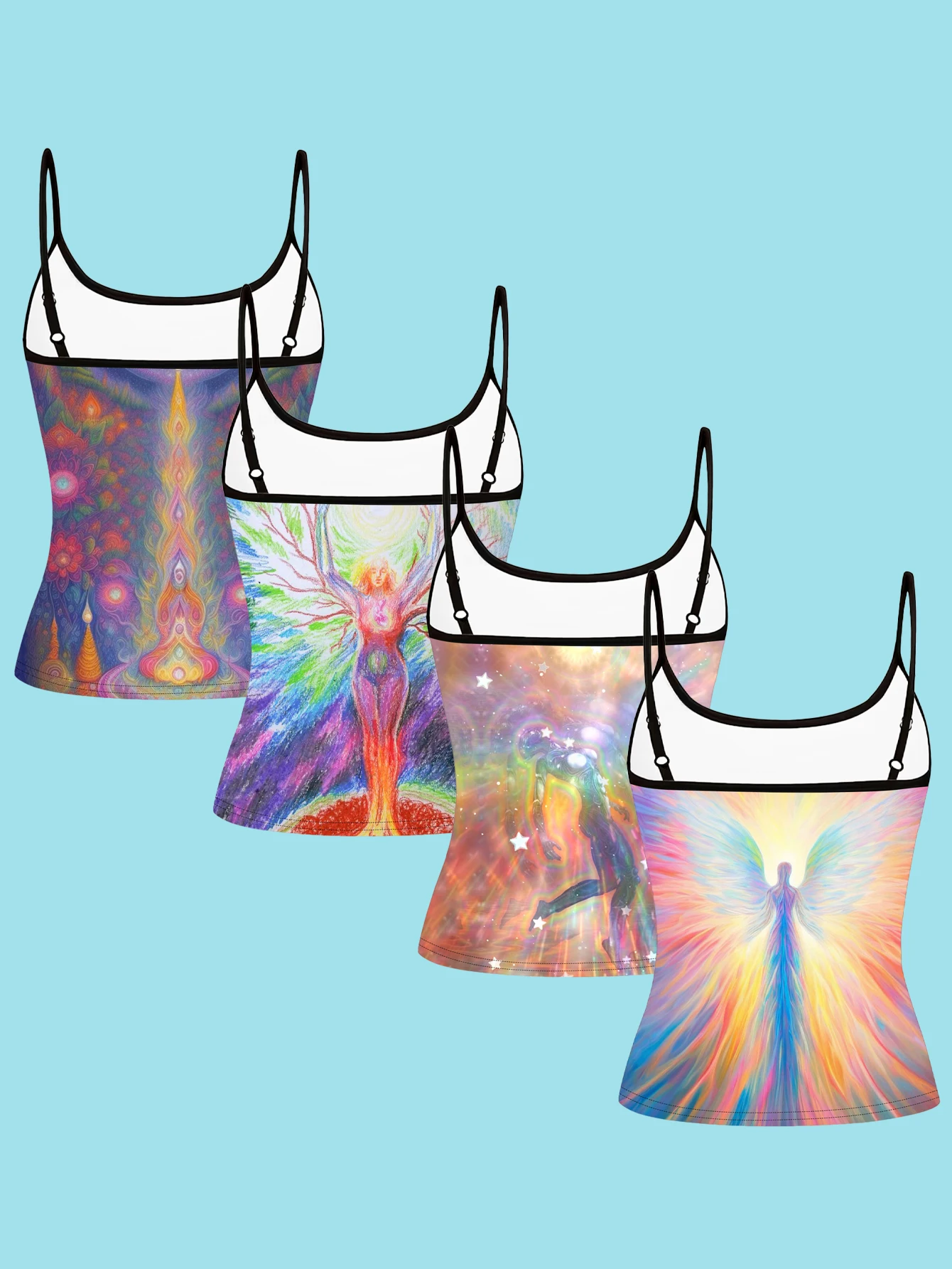 4-Piece Set of Women's Spiritual Chakra Art Print Camisoles, Tree of Life Angelic Light Body Starry Sky Slim-Fit Spaghetti Strap Inner Tops
