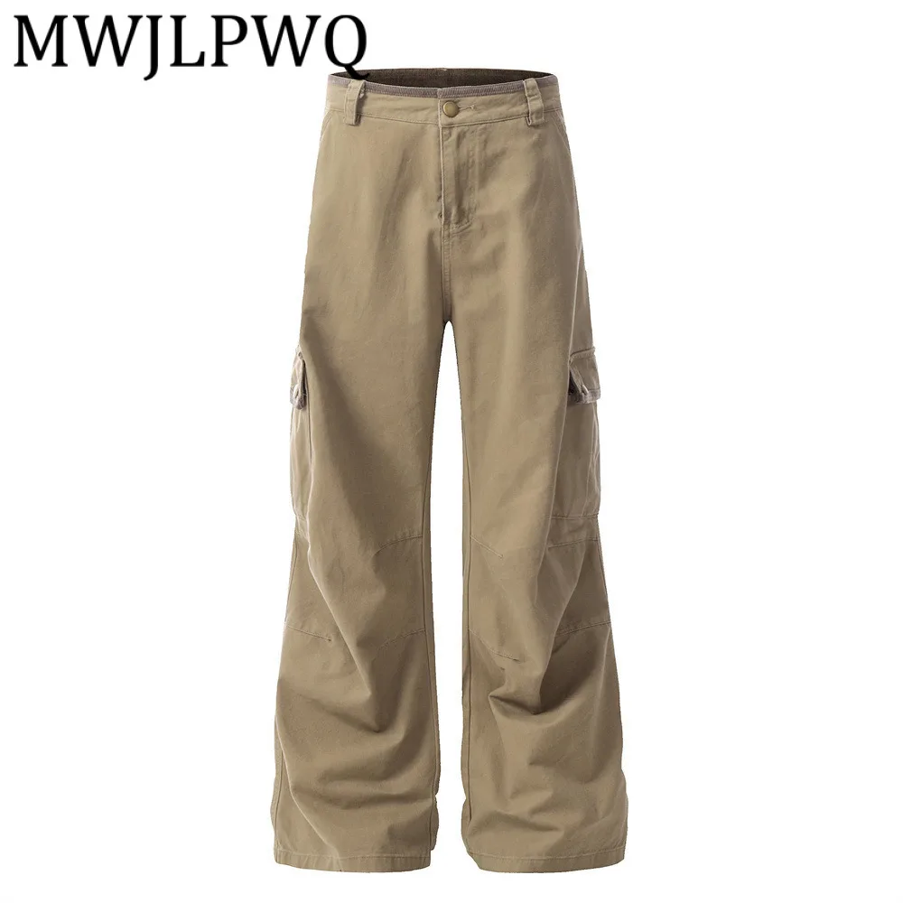 

MWJLPWQ модная рабочая одежда с широкими штанинами, мужские плиссированные брюки до колена в американском стиле, новые уличные однотонные свободные расклешенные брюки 12720