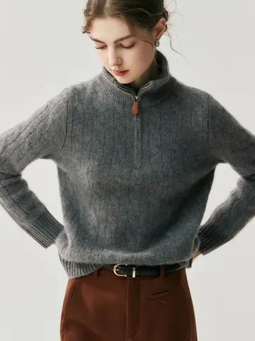 Brand twisted Huashan cashmere sweater autumn and winter high-necked half-zipper twist female cashmere knitted warm sweater
