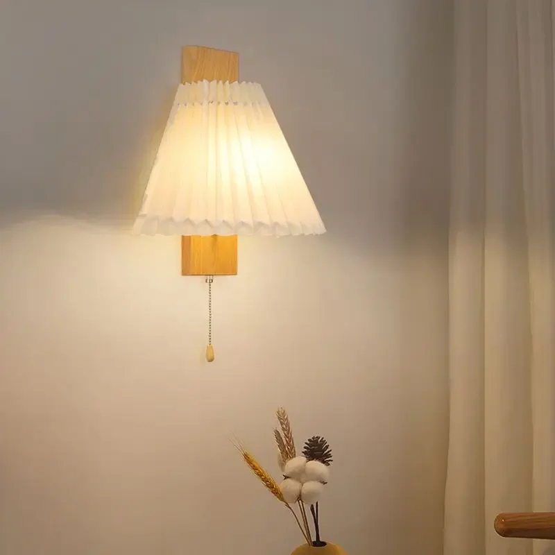 Creative Pleated Wall Lamps with ON/OFF Switch Bedroom Bedside Light Nature Wood Walnut color Living Room Wall Mount Lamp E27