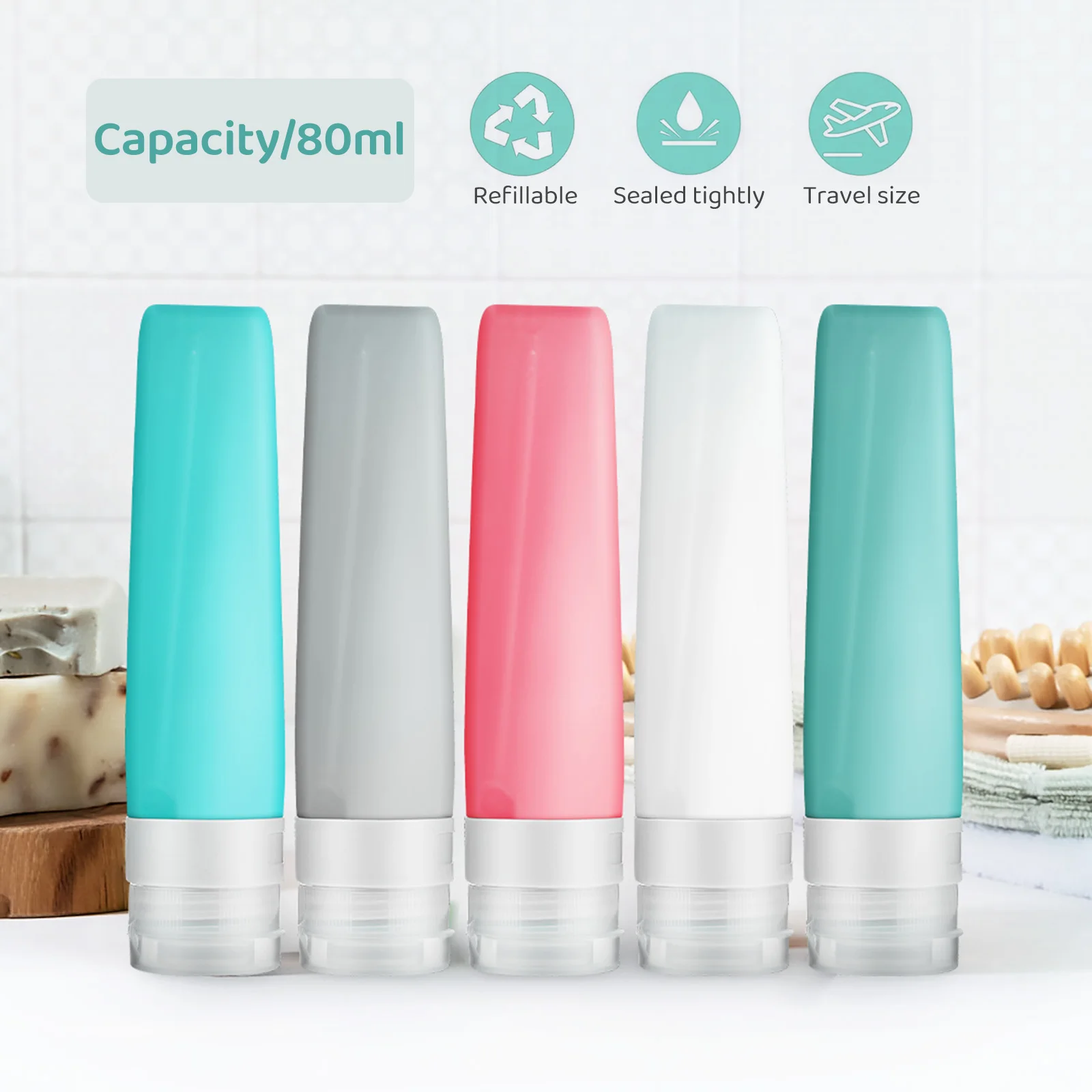 

5pcs Silicone Travel Bottles Set Empty Containers for Toiletries Shampoo Lotion Leakproof Wide Opening Design Refillable Opal