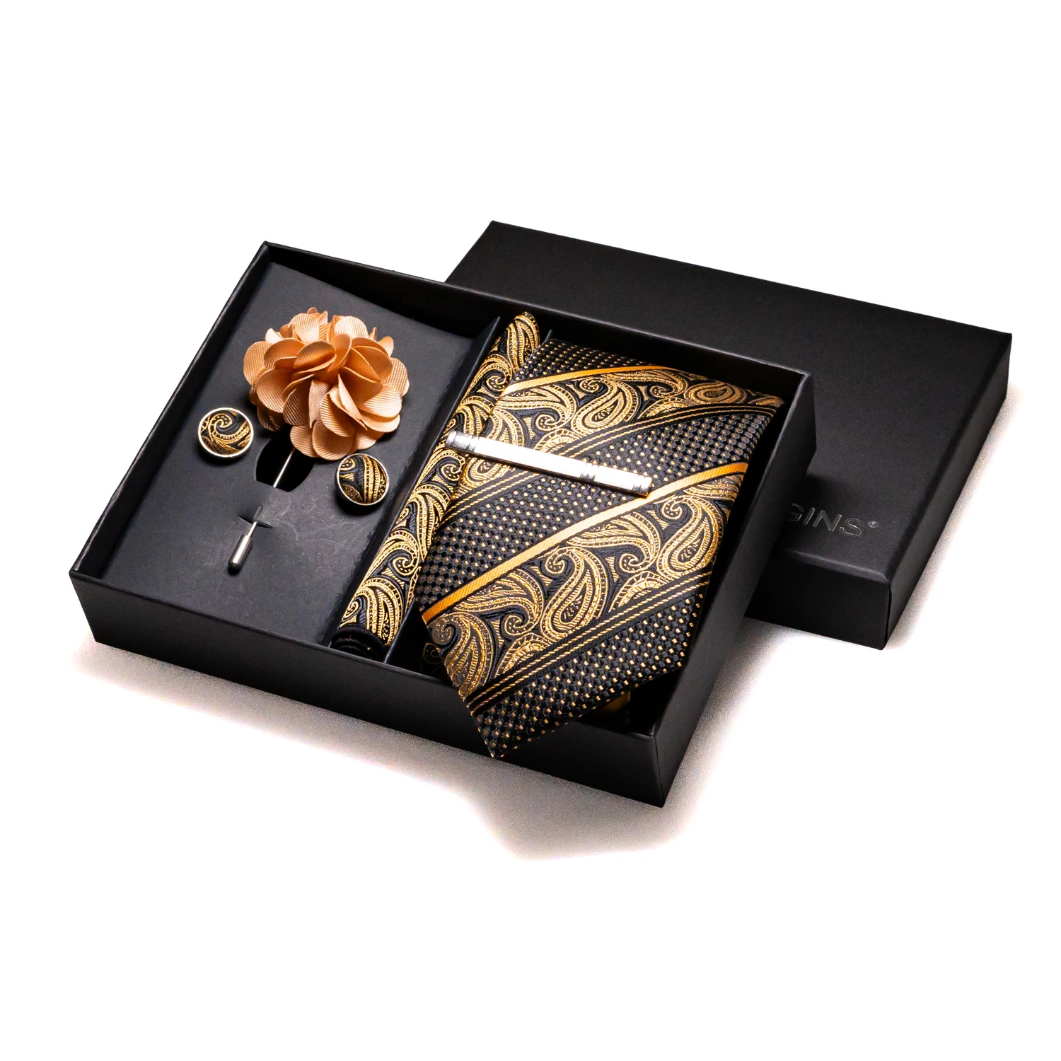 Orange Plaid Silk Wedding Tie For Men Hanky Cufflinks Luxury Gift Box Set Mens Necktie Fashion Business Party Gravat Accessories