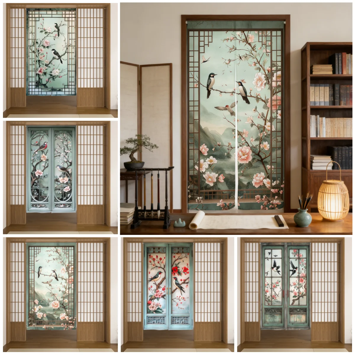 Noren-Türvorhang im chinesischen Stil, Blumen- und Vogelmotiv, Küche, Wohnzimmer, Eingangsbereich, Trennwand, Leinenvorhänge, hängender Halbvorhang